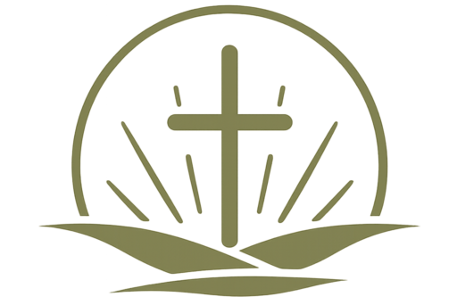 Christian logo with a central cross rising from an open book, encircled by a semicircle and rays.